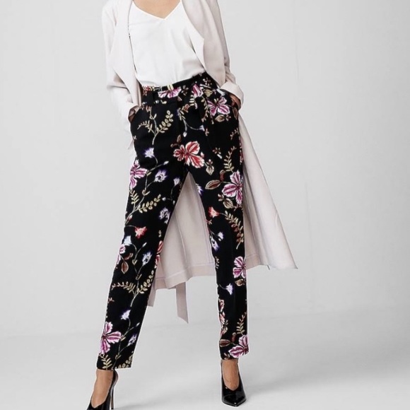 Express Pants - Express - black floral high waist belt ankle pant